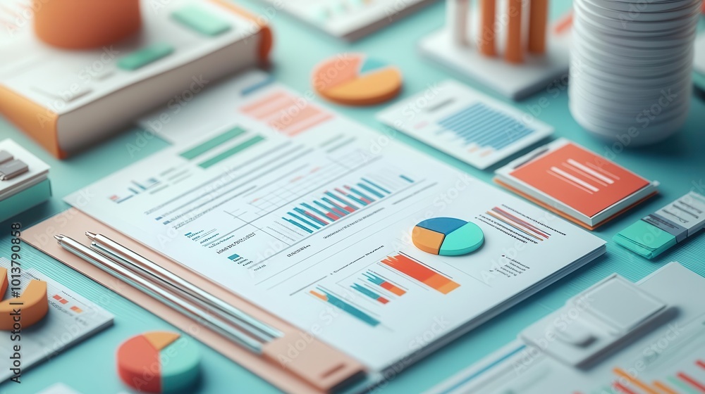 Poster colorful business report with charts and graphs on a modern desk, showcasing data analysis and produ