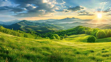 Fototapeta premium A breathtaking view of a rolling green valley with distant mountains under a sky filled with soft clouds