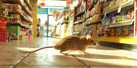 A small brown mouse scurrying across the floor of a pet shop, its furry tail twitching.