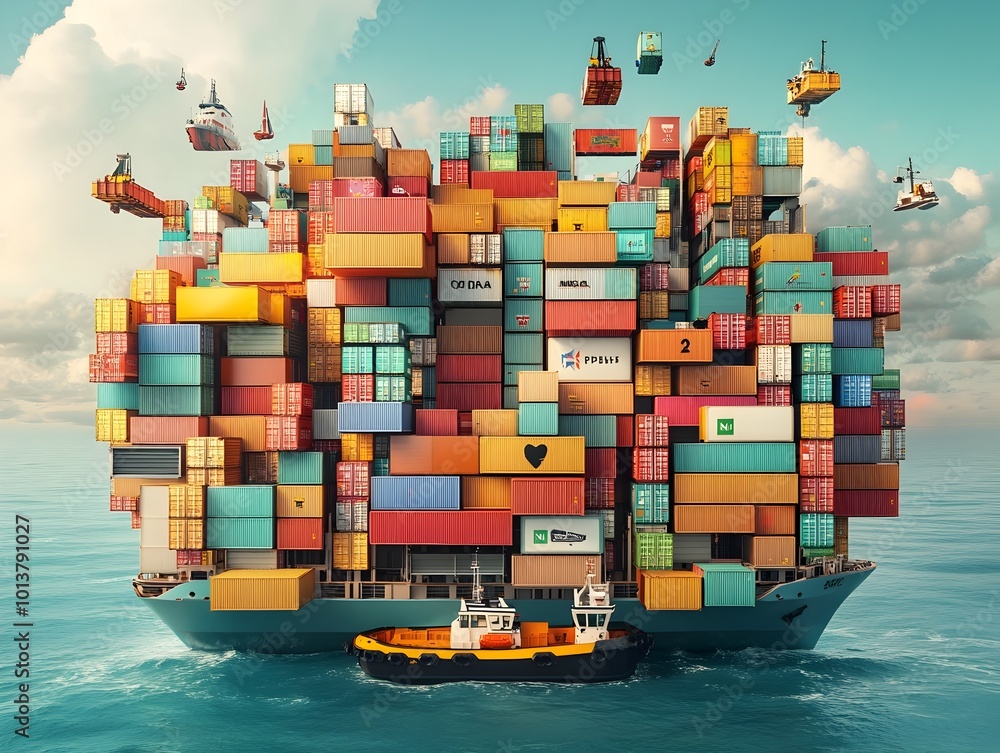 Poster massive cargo freighters stacked with corrugated steel shipping containers equipped with advanced se