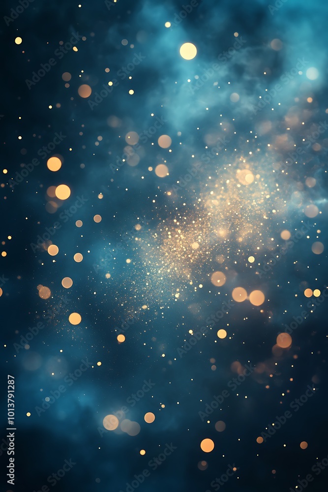 Poster A mesmerizing abstract image featuring a blend of blue hues and scattered golden lights, creating a dreamy cosmic atmosphere.