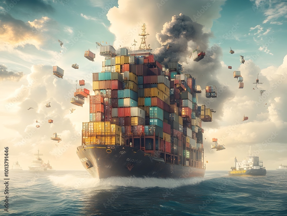 Poster cutting edge cargo freighters navigating global maritime logistics with advanced sensor systems and 