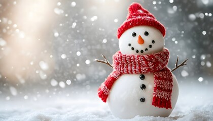 A cute cartoon snowman with a bright red scarf, standing against a snowy white background with ample space for text