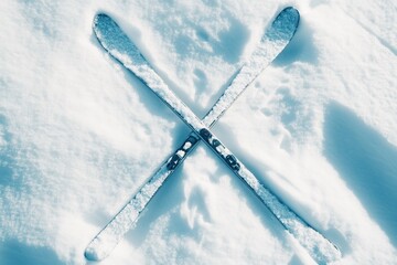 A pair of skis lies crossed atop untouched snow, evoking the exhilarating spirit of winter sports at a mountain resort. Generative AI