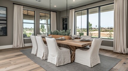 Fototapeta premium Bright and inviting modern dining area with natural wood table and cozy accents bathed in sunlight