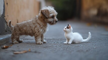 A small brown puppy stands on the left facing a white kitten on the right. Both are facing each other on a gray sidewalk.