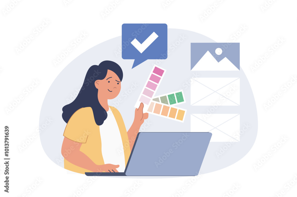 Leinwandbilder design development concept in modern flat design for web. woman brainstorming and selecting colour s