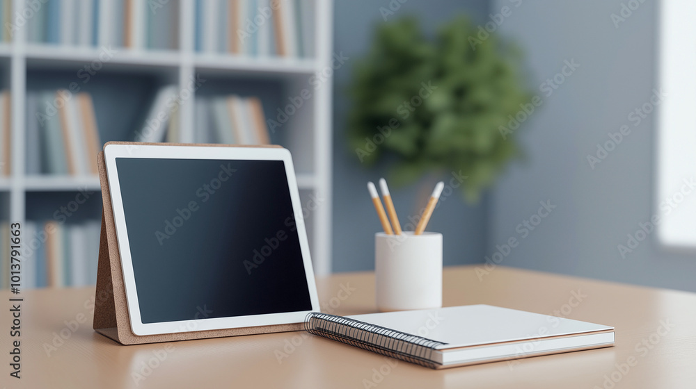 Poster tablet and notebook are placed side by side on wooden desk, creating harmonious workspace. scene is 