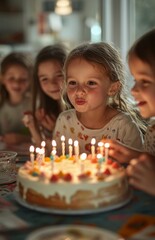 Children having fun at birthday party with cake and friends