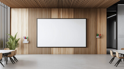 modern interior featuring large whiteboard on wooden wall, surrounded by stylish furniture and greenery, creating productive and inviting atmosphere