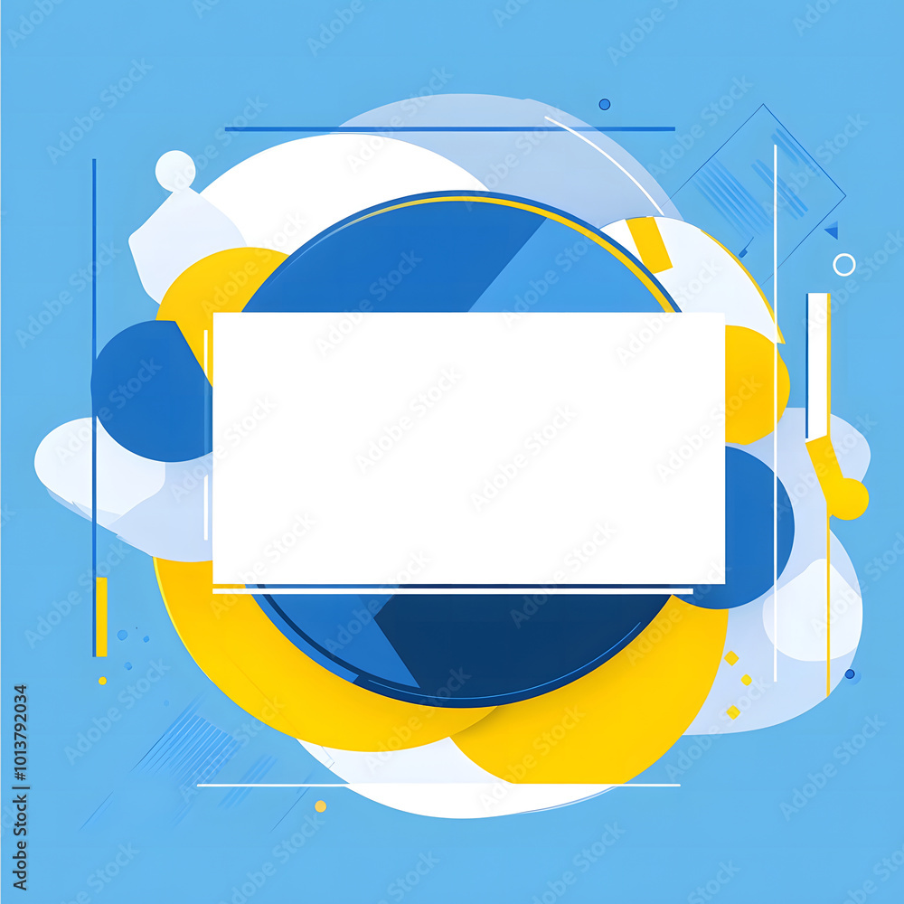 Poster vector flat color illustration of an abstract blue background with yellow and white shapes and lines