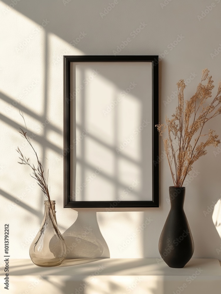 Aufkleber the interplay of shadows highlights two vases and a frame on a light wall, creating a serene, minima