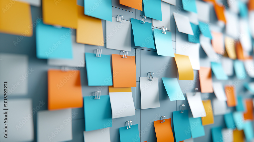 Poster colorful sticky notes arranged on bulletin board create vibrant and organized workspace. this captur