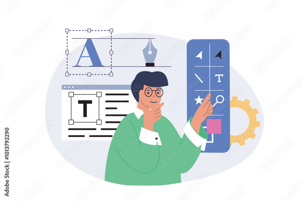 Aufkleber Design development concept in modern flat design for web. Man brainstorming, working with illustrator tools, creating graphic elements and fonts, makes settings, building layout. Vector illustration.