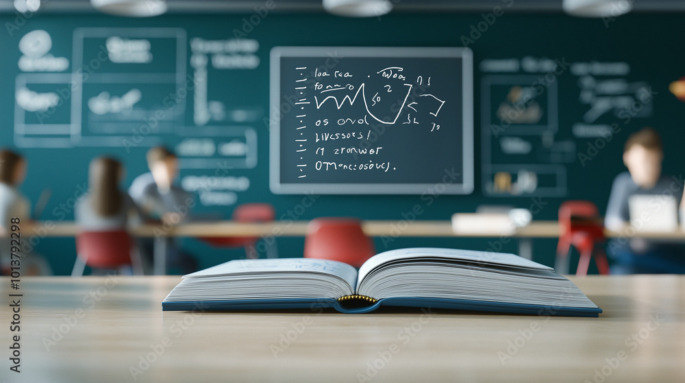 Poster classroom setting featuring chalkboard filled with equations and open book on desk. atmosphere is fo