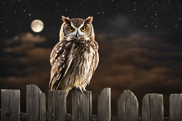Wise owl perched on a rustic fence at night