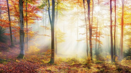  Vibrant autumn forest with golden and red leaves, sunlight streaming through the trees