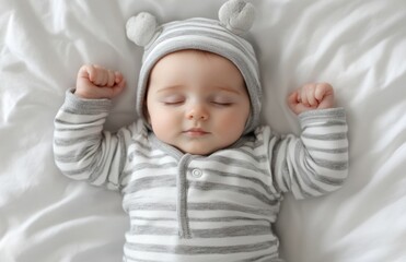 Sleeping Baby in Gray and White Bodysuit on White Sheets