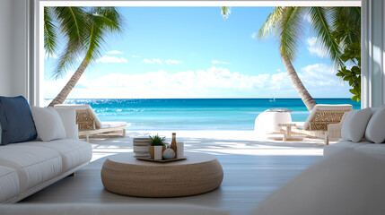 bright coastal living room features stunning ocean view with palm trees swaying gently in breeze. serene atmosphere invites relaxation and tranquility