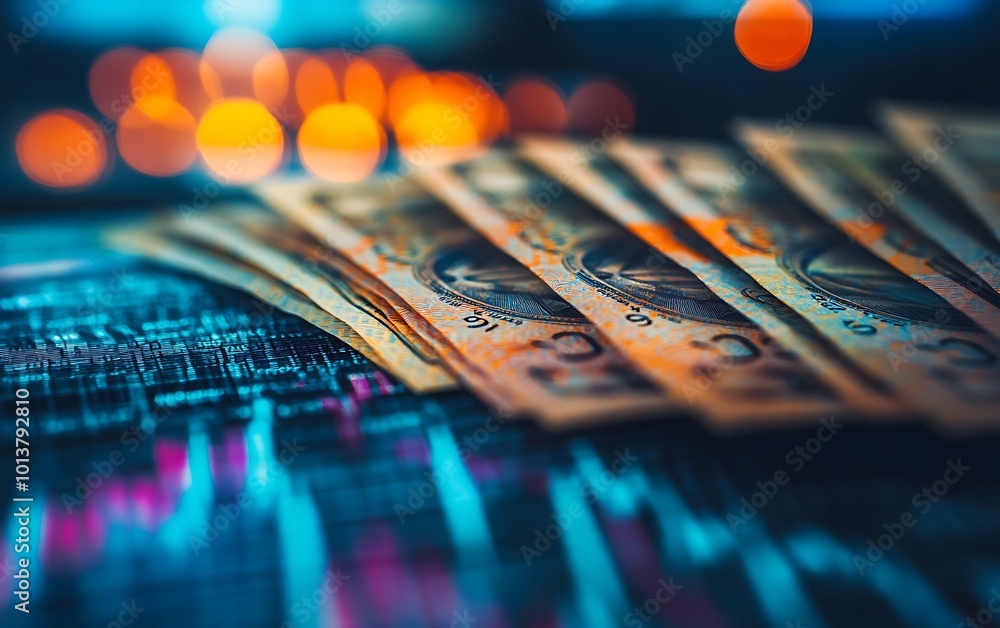 Poster A close-up view of Australian banknotes on a digital trading platform background, showcasing the intersection of finance and technology.