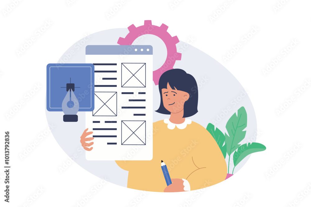 Poster Design development concept in modern flat design for web. Woman building layout, placing content blocks in template, working with illustrator tools, creating graphics and fonts. Vector illustration.