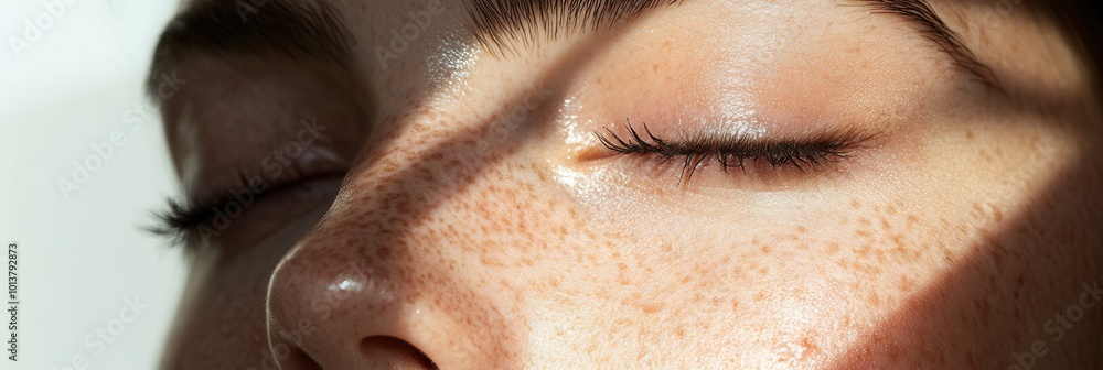 Leinwandbilder a person relaxes with their eyes closed, showing a serene expression and delicate freckles illuminat
