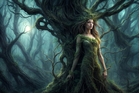 Spirit of the forest. Forest woman among the thickets. Ghost of trees.