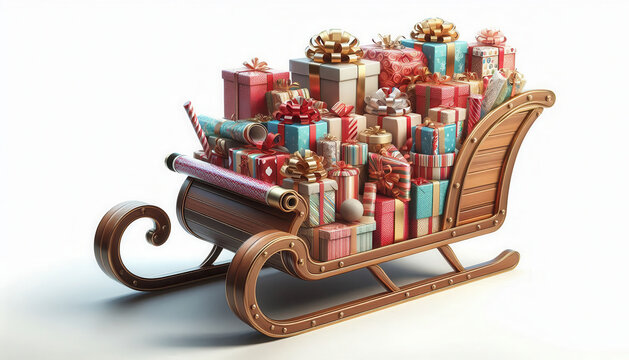 Santa's sleigh full of gift boxes on white background