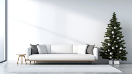 Modern minimalist living room featuring clean white sofa with decorative pillows, stylish side table, and beautifully adorned Christmas tree, creating serene and festive atmosphere