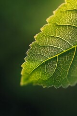 Close up macro photo of green leaf with sun shining through veins, nature background