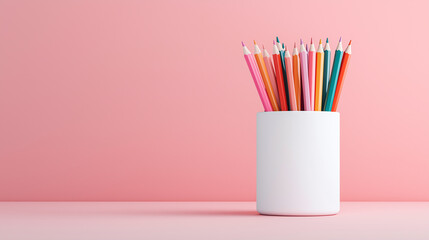 Colorful pencils are arranged neatly in white container against soft pink background, creating vibrant and cheerful atmosphere perfect for creativity and inspiration