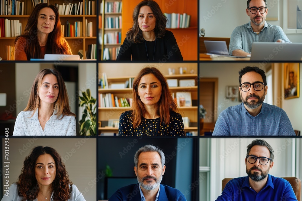 Aufkleber Several professionals take part in a virtual meeting, showcasing diverse expressions and backgrounds in a bright office atmosphere. Generative AI