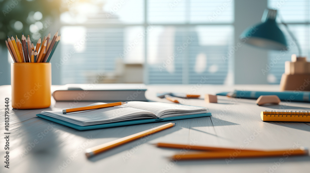 Poster bright and organized study space featuring open notebook, scattered pencils, and ruler, creating inv