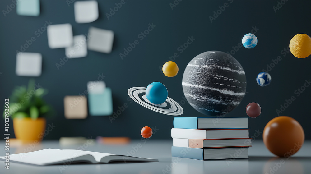 Poster colorful solar system model displayed on stack of books, showcasing planets in creative arrangement.
