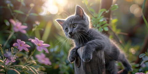 A small gray kitten climbing up a wooden post, its whiskers twitching as it explores its surroundings.
