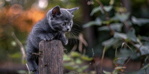 A small gray kitten climbing up a wooden post, its whiskers twitching as it explores its surroundings.
