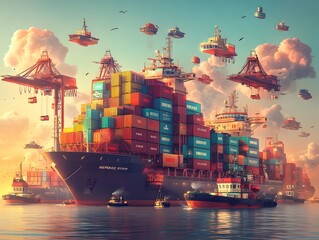 Cutting edge cargo vessels leveraging digital innovations to optimize worldwide container transport and distribution freight liners with adaptive hull and predictive logistics