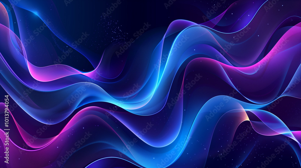 Poster abstract futuristic banner with glowing blue and purple liquid wavy shapes, creating a retro-inspire