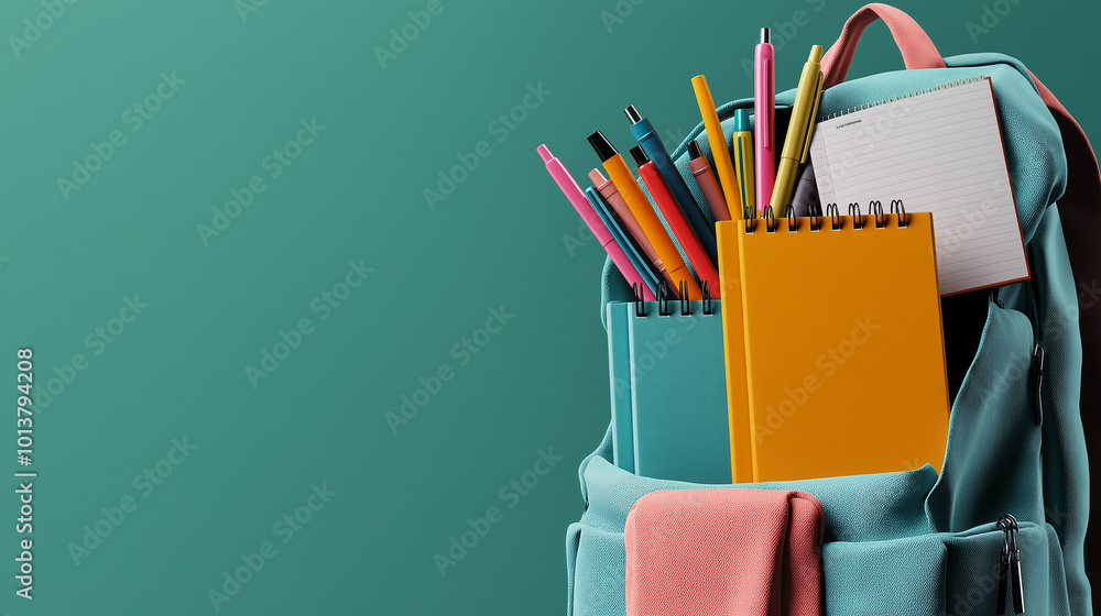 Poster vibrant backpack overflowing with colorful notebooks and pens creates inviting atmosphere for creati