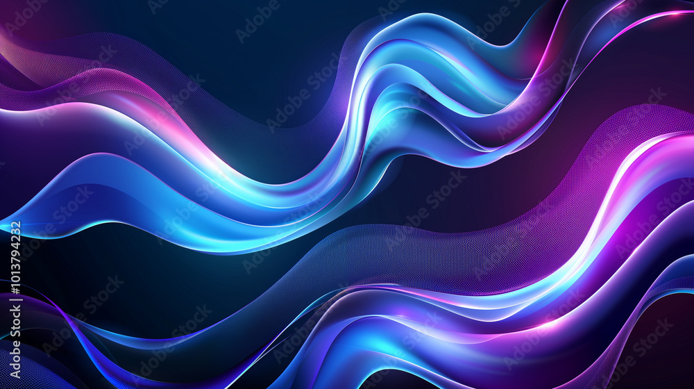 Poster abstract futuristic banner with glowing blue and purple liquid wavy shapes, creating a retro-inspire