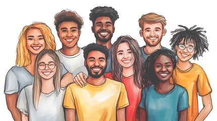 Group of diverse young people smiling together, captured in a watercolor illustration on a white background, highlighting positivity, unity, and the concept of diversity