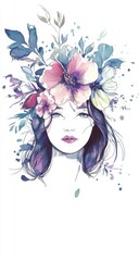 Beautiful woman with flowers in her hair, ink and watercolor illustration, pastel colors