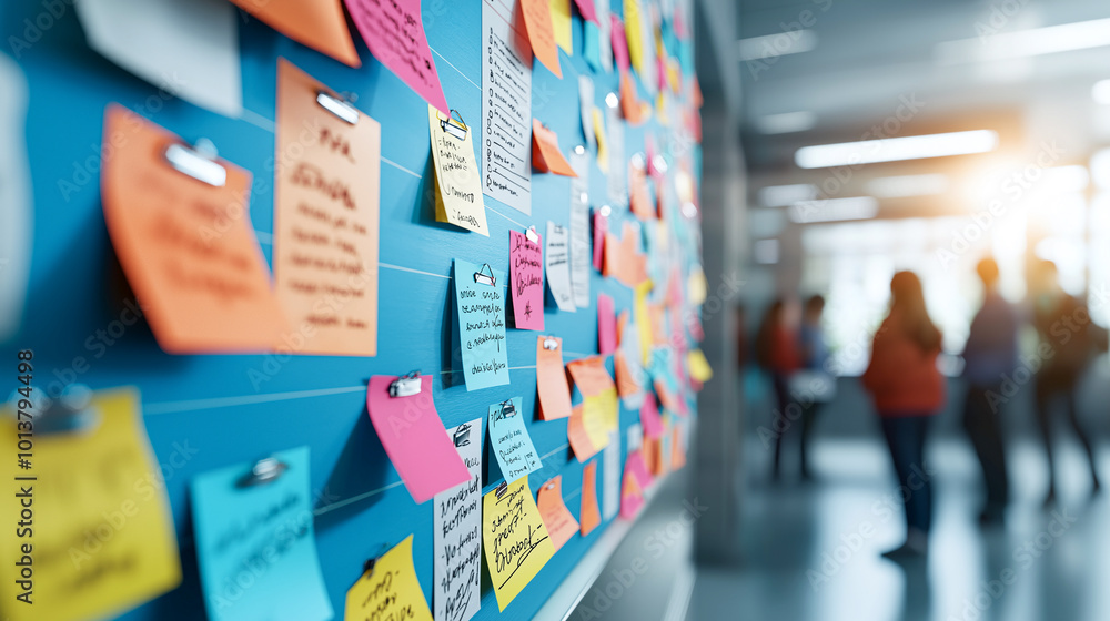 Poster vibrant classroom bulletin board filled with colorful sticky notes, showcasing various ideas and rem
