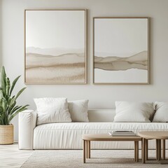 A sophisticated living room with a neutral color palette featuring a cozy sofa, abstract artworks, and elegant decor elements.