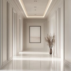 An elegant hallway features minimalist wall art, a stylish vase with twigs, and an illuminated ceiling, enhancing serenity and style.