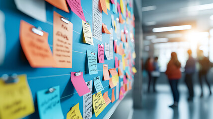 vibrant classroom bulletin board filled with colorful sticky notes, showcasing various ideas and reminders. background features blurred figures engaged in discussion, creating energetic atmosphere