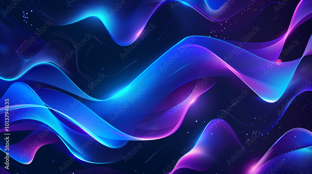 Poster abstract futuristic banner with glowing blue and purple liquid wavy shapes, creating a retro-inspire