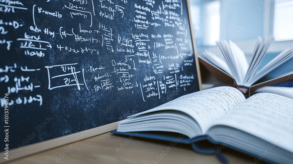 Poster classroom chalkboard filled with complex equations and open books creates atmosphere of learning and