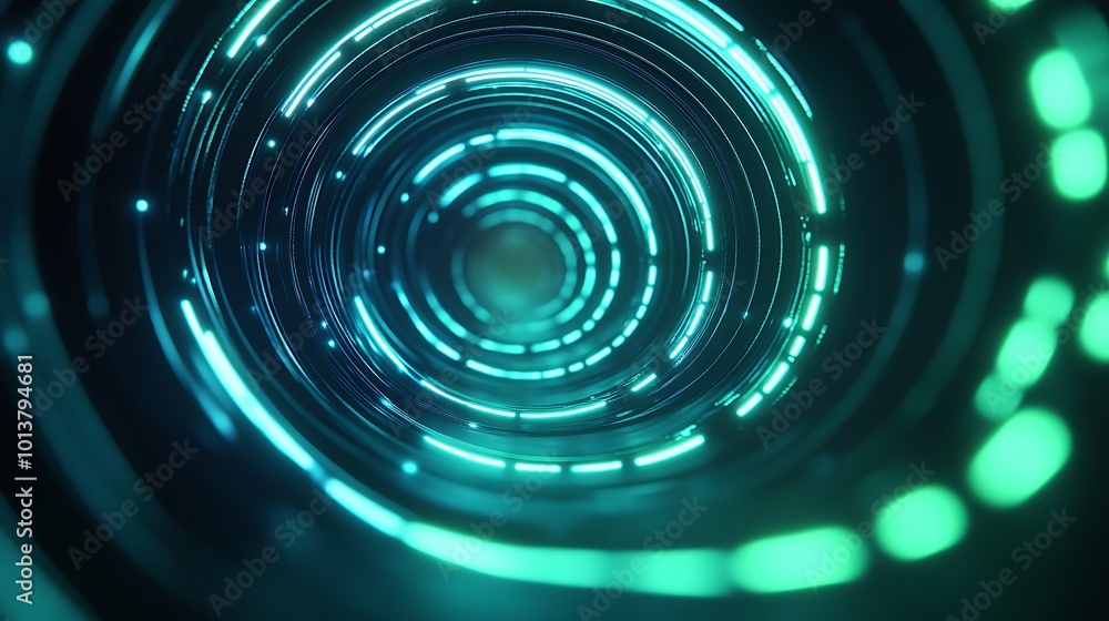 Aufkleber A mesmerizing view of glowing circular patterns creating a futuristic tunnel effect with vibrant green and blue lights.