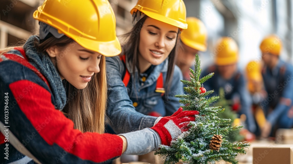 Poster coworkers in a casual office setting wearing colorful holiday hats and decorating a small christmas 